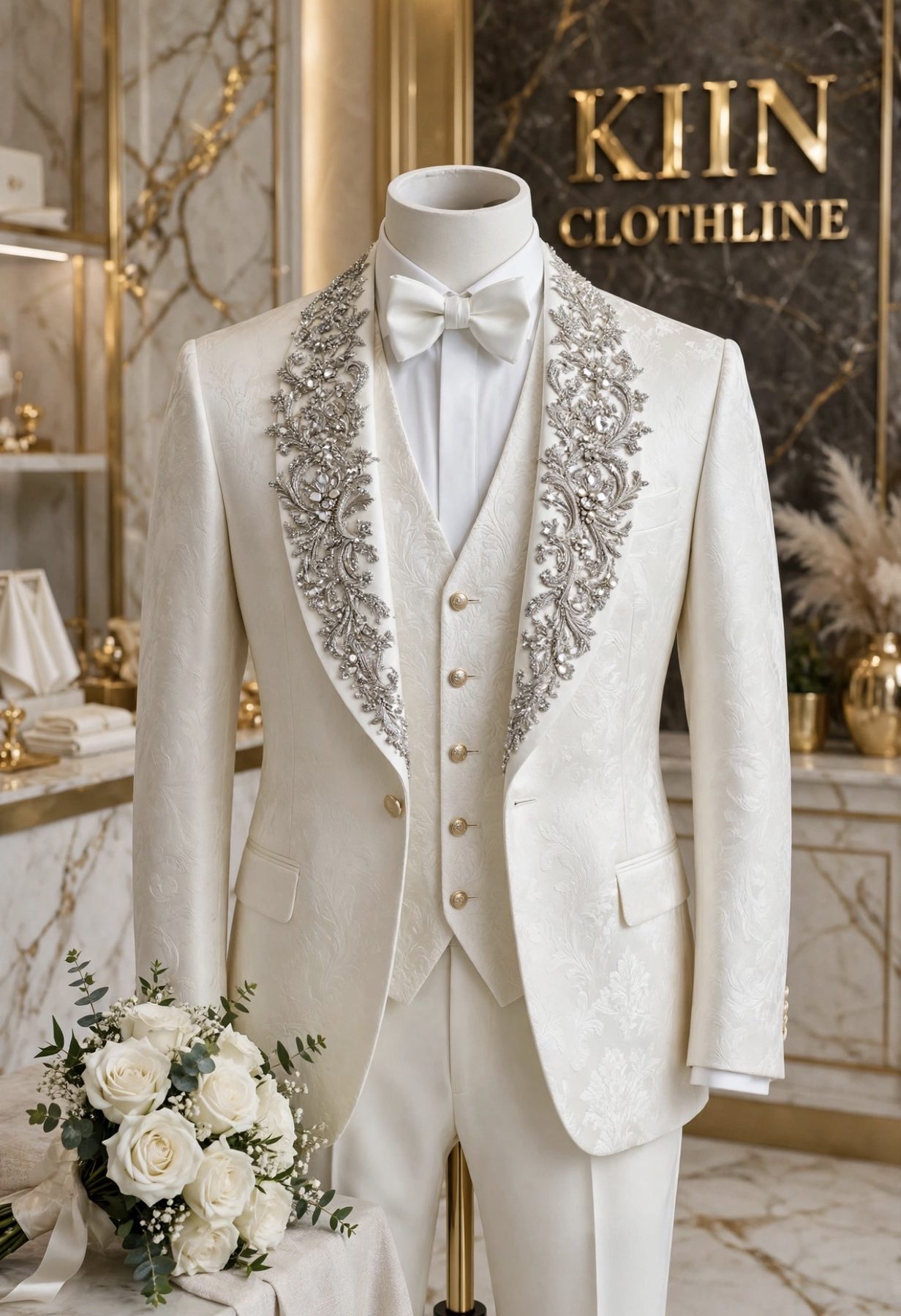 Embroidered ivory groom suit